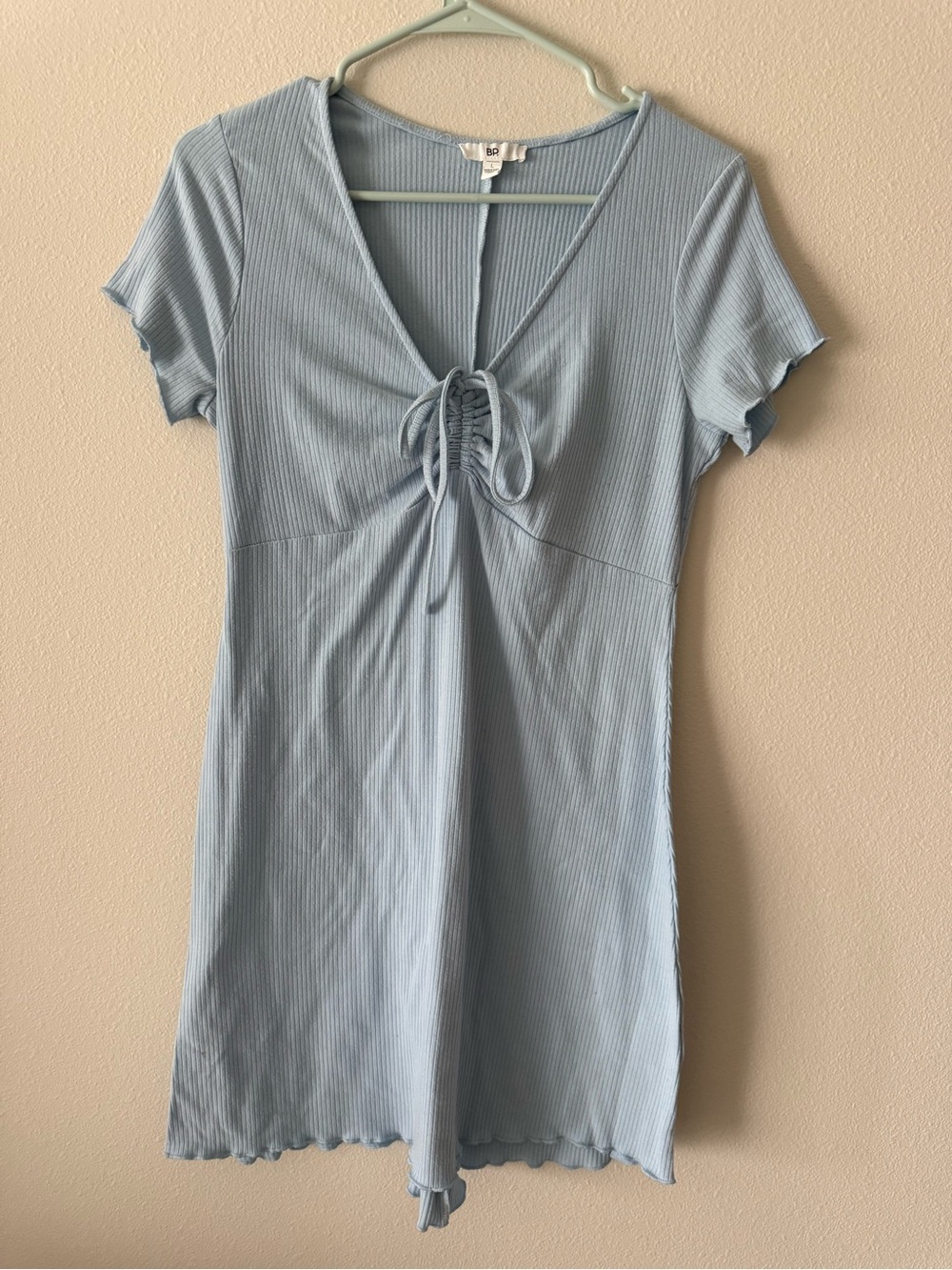 bp Light Blue Ribbed V-Neck Tie-Front Mini Dress